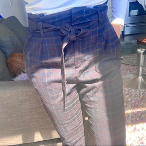 Plaid paper bag pants with belt